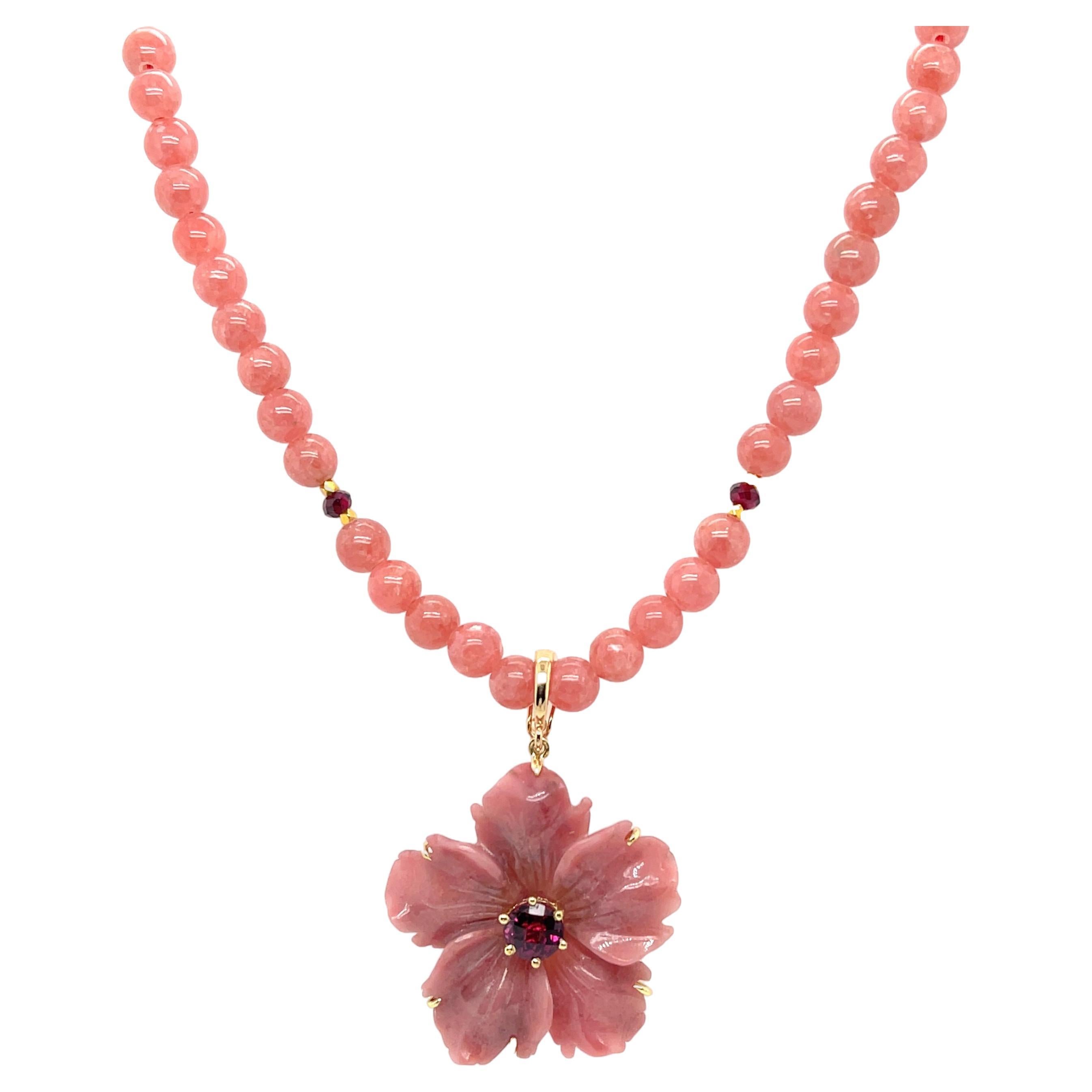  Rhodochrosite Beaded Necklace with Hand Carved Rhodonite Floral Pendant  For Sale