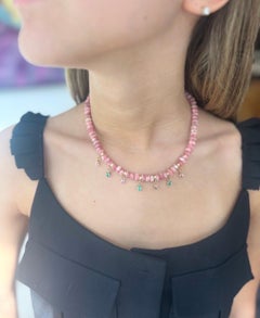 Rhodochrosite Beaded Rondelle Necklace with Emeralds, Spinel & 14k Gold