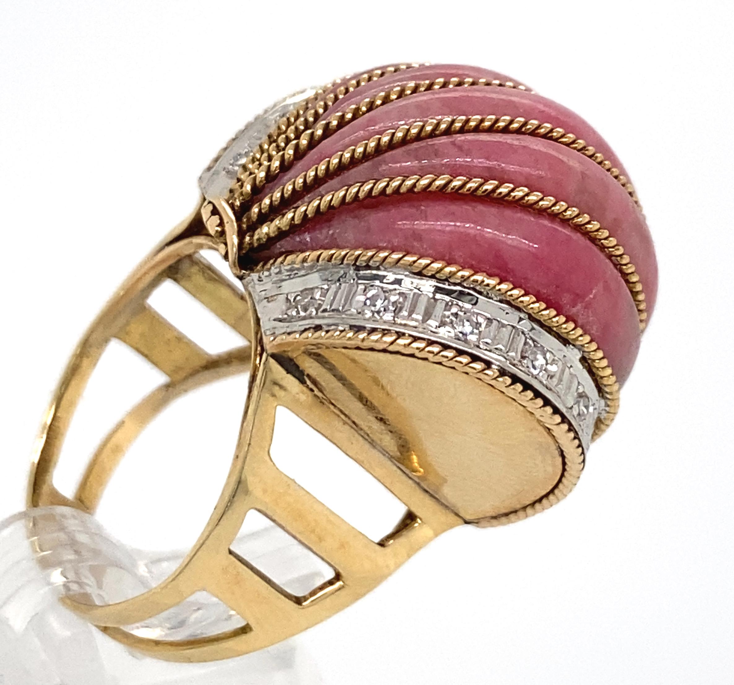 Retro Rhodochrosite Bombe Cocktail Ring in Yellow Gold with Diamonds, Circa 1950 For Sale
