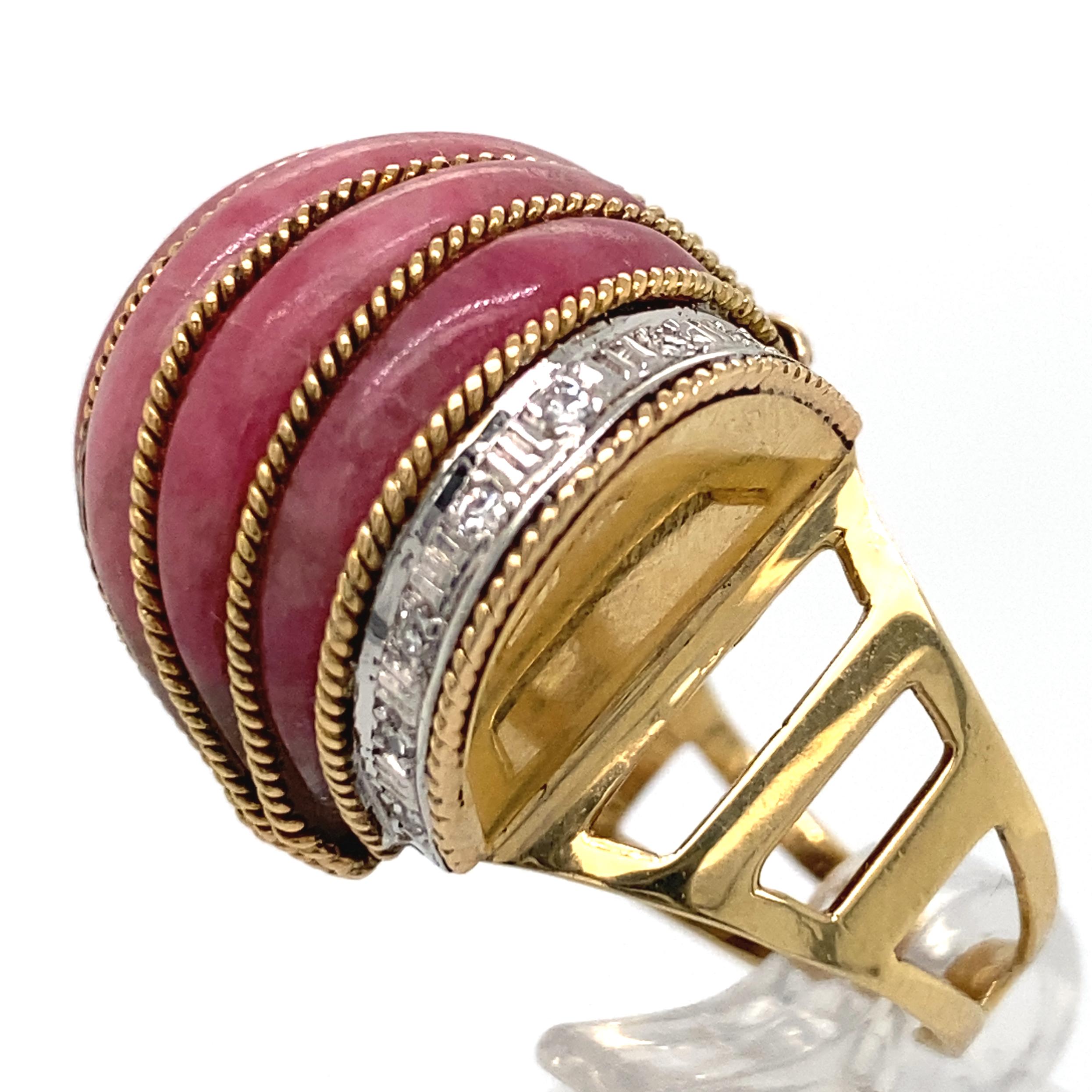 Single Cut Rhodochrosite Bombe Cocktail Ring in Yellow Gold with Diamonds, Circa 1950 For Sale