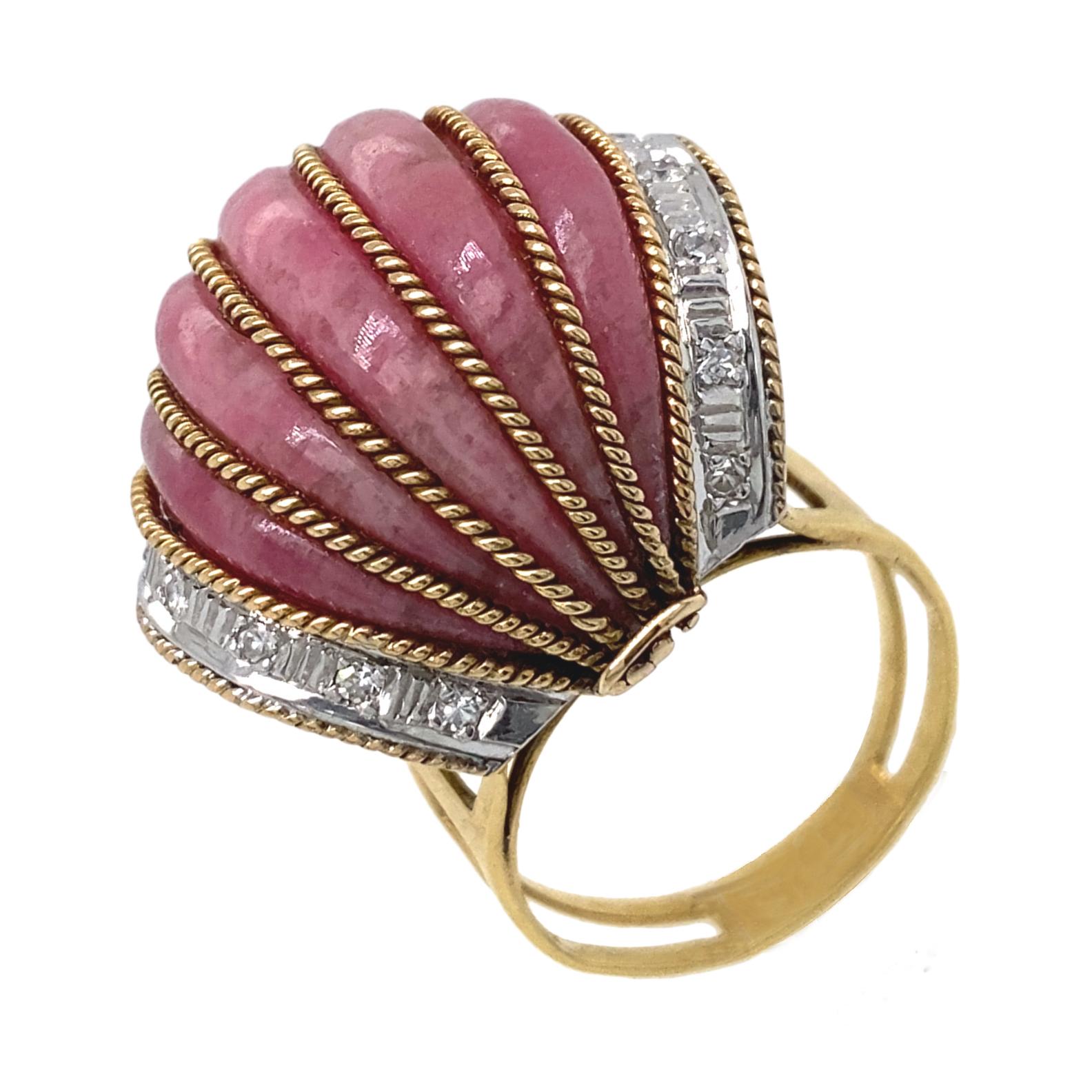 Rhodochrosite Bombe Cocktail Ring in Yellow Gold with Diamonds, Circa 1950