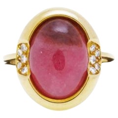 Anello in oro giallo 18 carati con diamanti cabochon di rodocrosite
