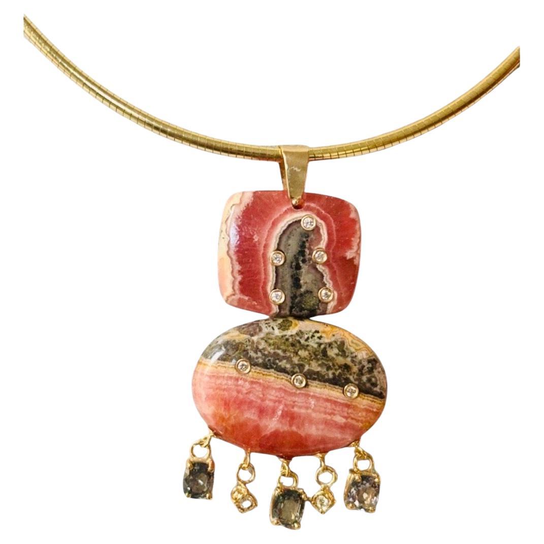 Ciondolo doppio in rodocrosite con diamanti e spinello