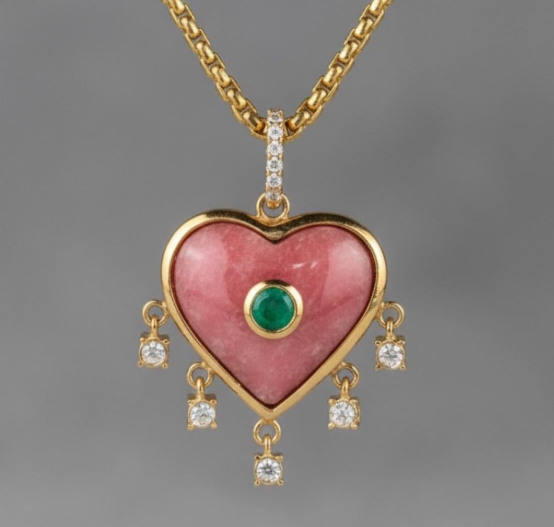 Rhodochrosit Herz-Anhänger mit Smaragd und Diamanten im Angebot 1