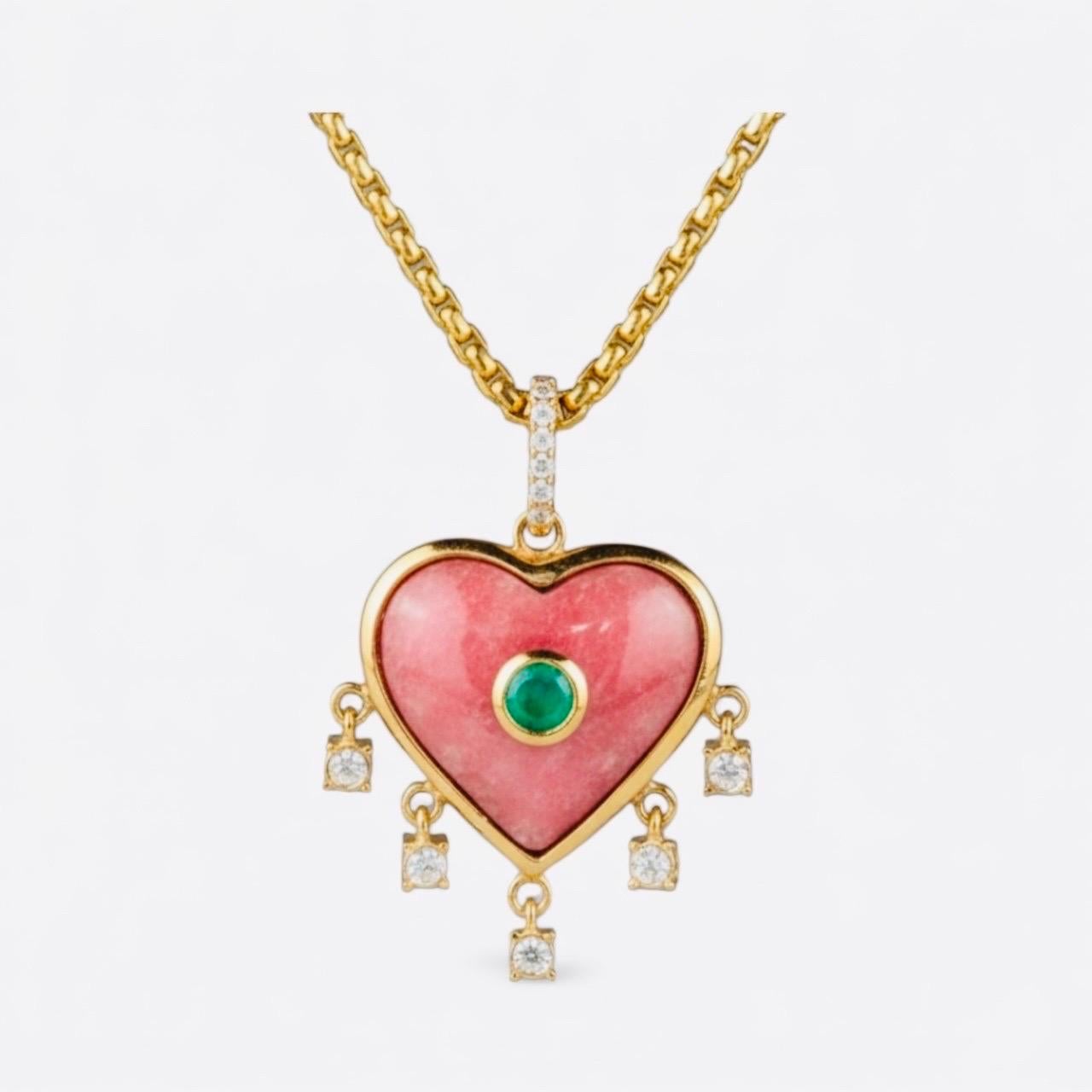 Rhodochrosit Herz-Anhänger mit Smaragd und Diamanten im Angebot 2
