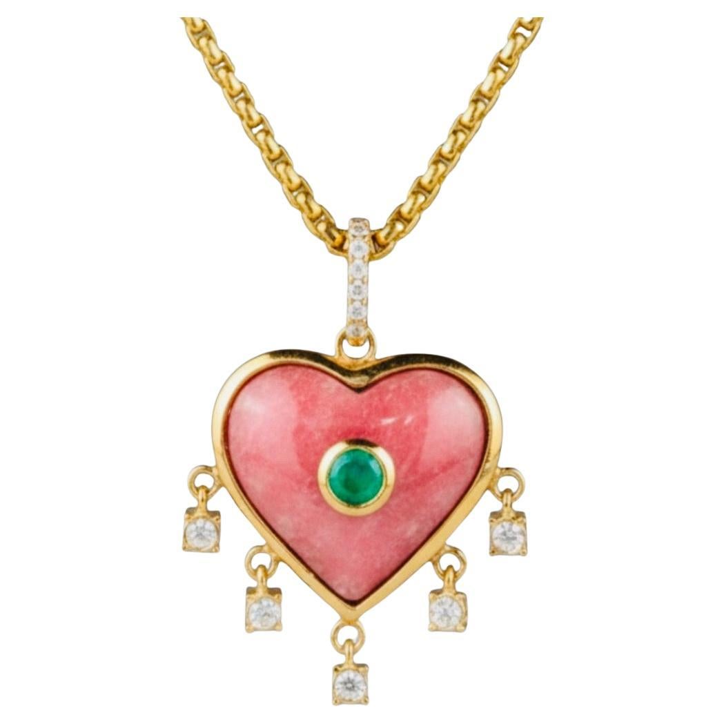 Ciondolo a cuore in rodocrosite con smeraldo e diamanti