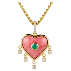 Rhodochrosite Heart Pendant with Emerald & Diamonds