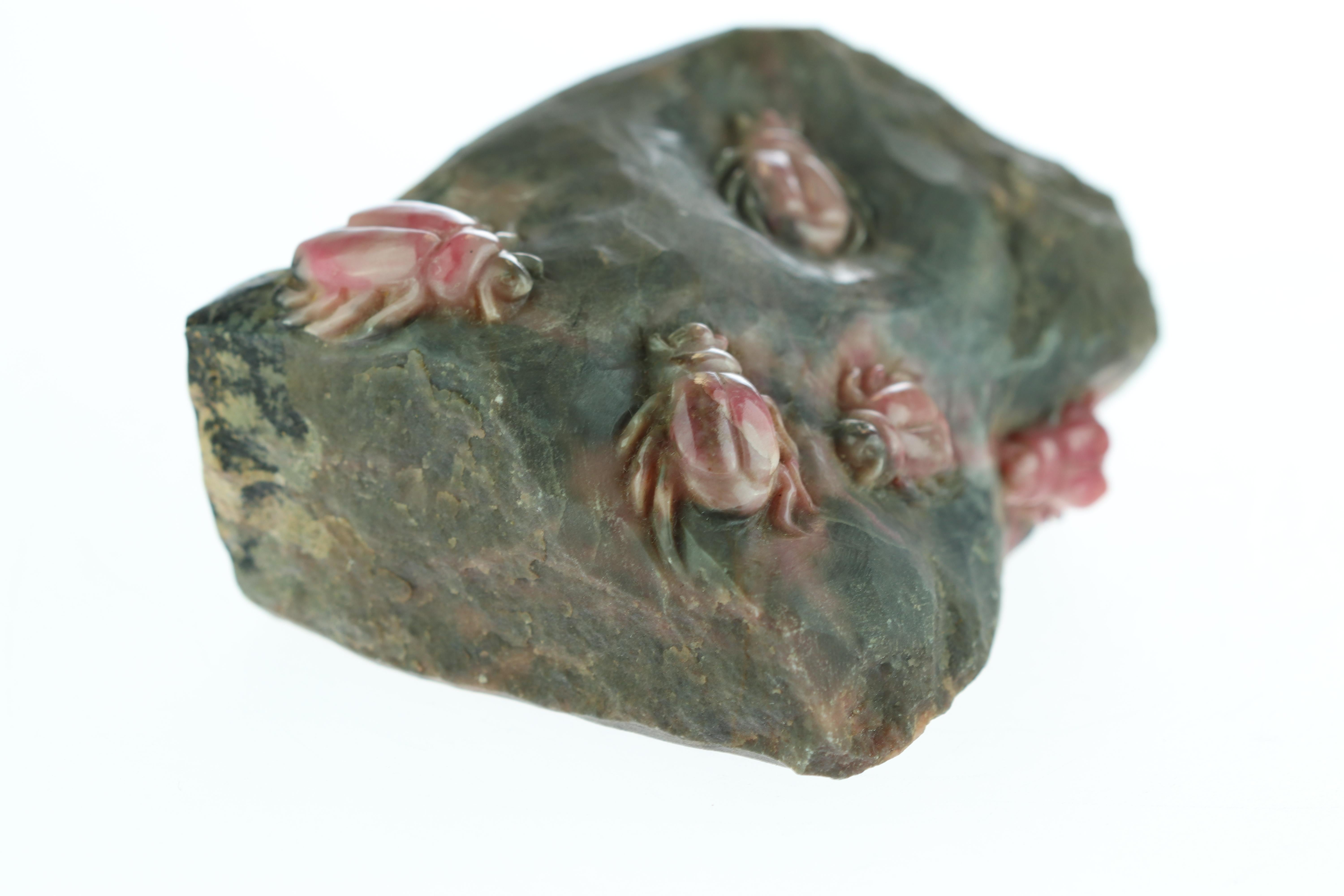 Hand-Carved Rhodochrosite Insects Gemstone Carved Animal Handmade Chinese Statue Sculpture For Sale
