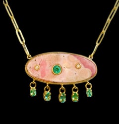 Rhodochrosite Necklace, with Emeralds & Diamonds on a Paperclip Chain