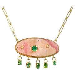 Rhodochrosite Necklace, with Emeralds & Diamonds on a Paperclip Chain