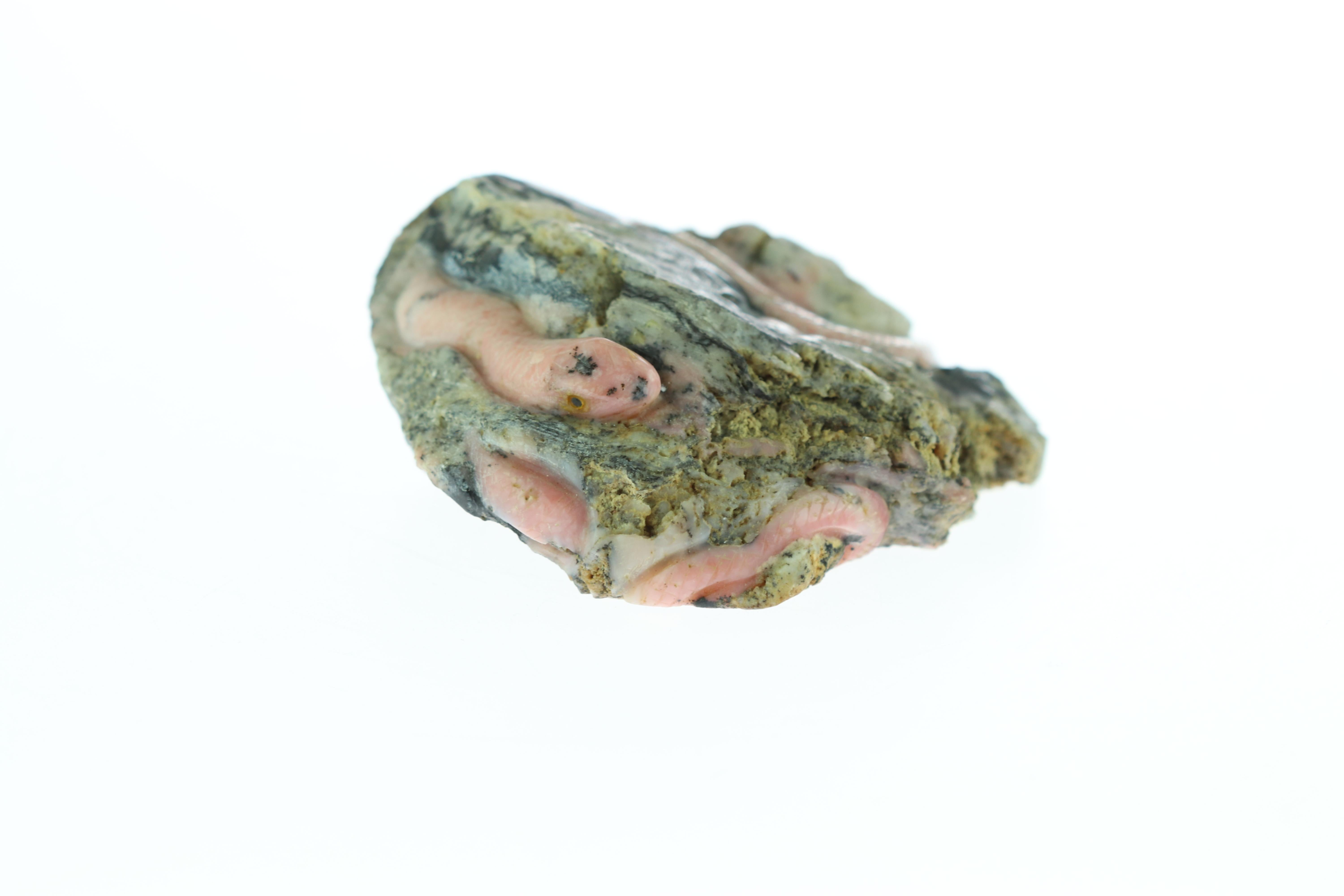 Hong Kong Rhodochrosite Pink Snake Figurine Carved Animal Artisanal Chinese Sculpture For Sale