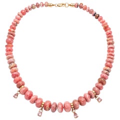 Rhodochrosite Rondelle Fringe Necklace with Pink Spinel & 14k Gold
