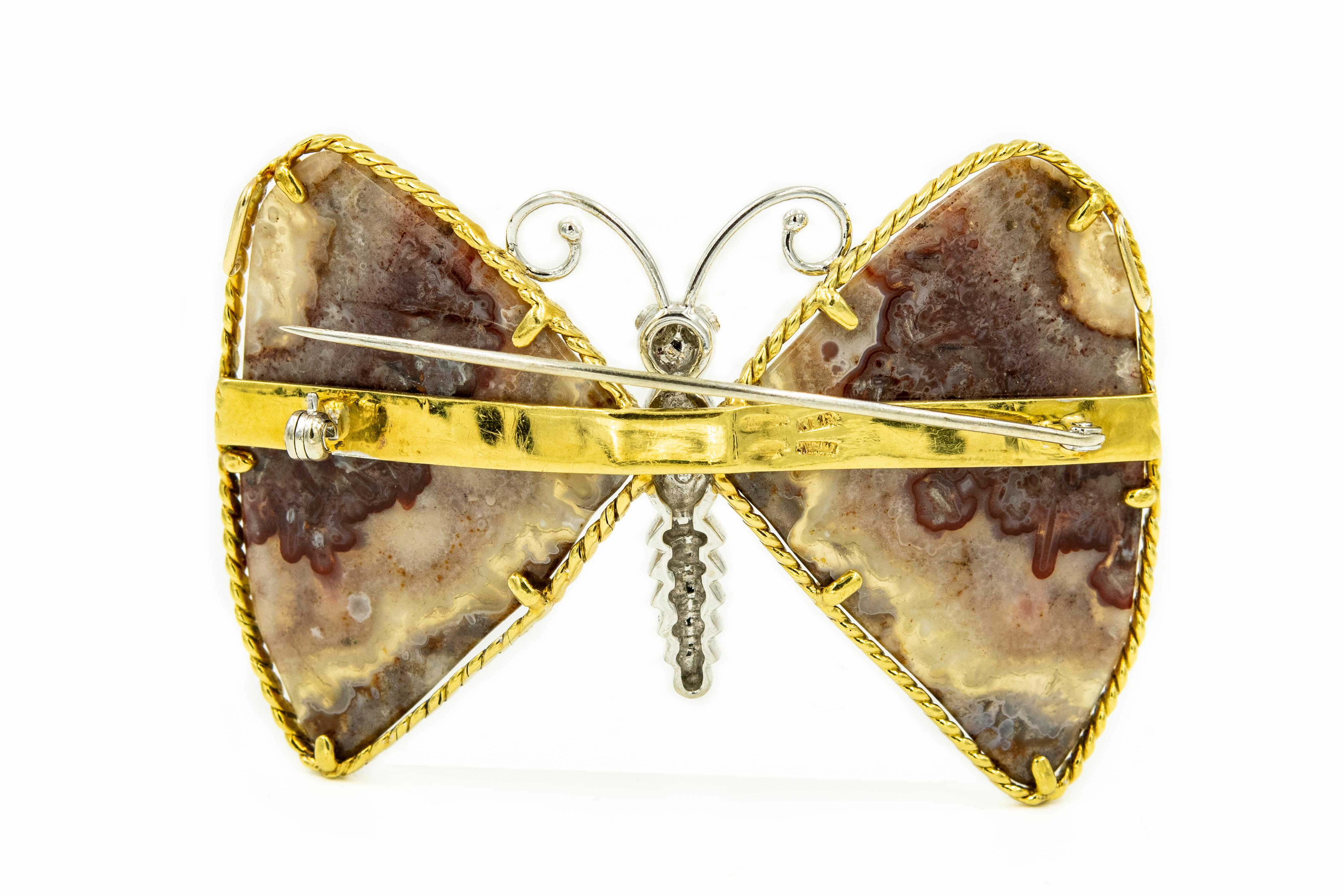 Schmetterlingsbrosche mit Anstecknadel, Rhodochrosit, Rubin, Diamant, Weiß- und Gelbgold (Rundschliff) im Angebot