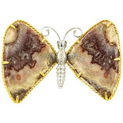 Retro Rhodochrosite Ruby Diamond White and Yellow Gold Butterfly Brooch Pin Pendant