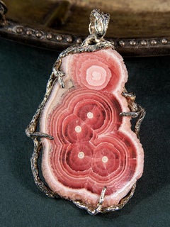 Rhodochrosite Silver Pendant Raw Rough Crystal Pattern Natural Stone Magic Tarot