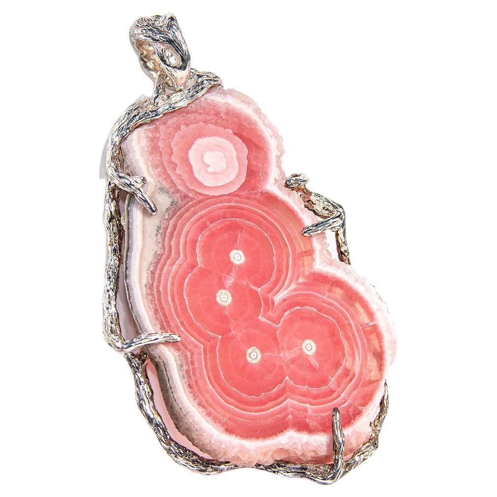 Rhodochrosite Silver Pendant Raw Rough Crystal Pattern Natural Stone Magic Tarot