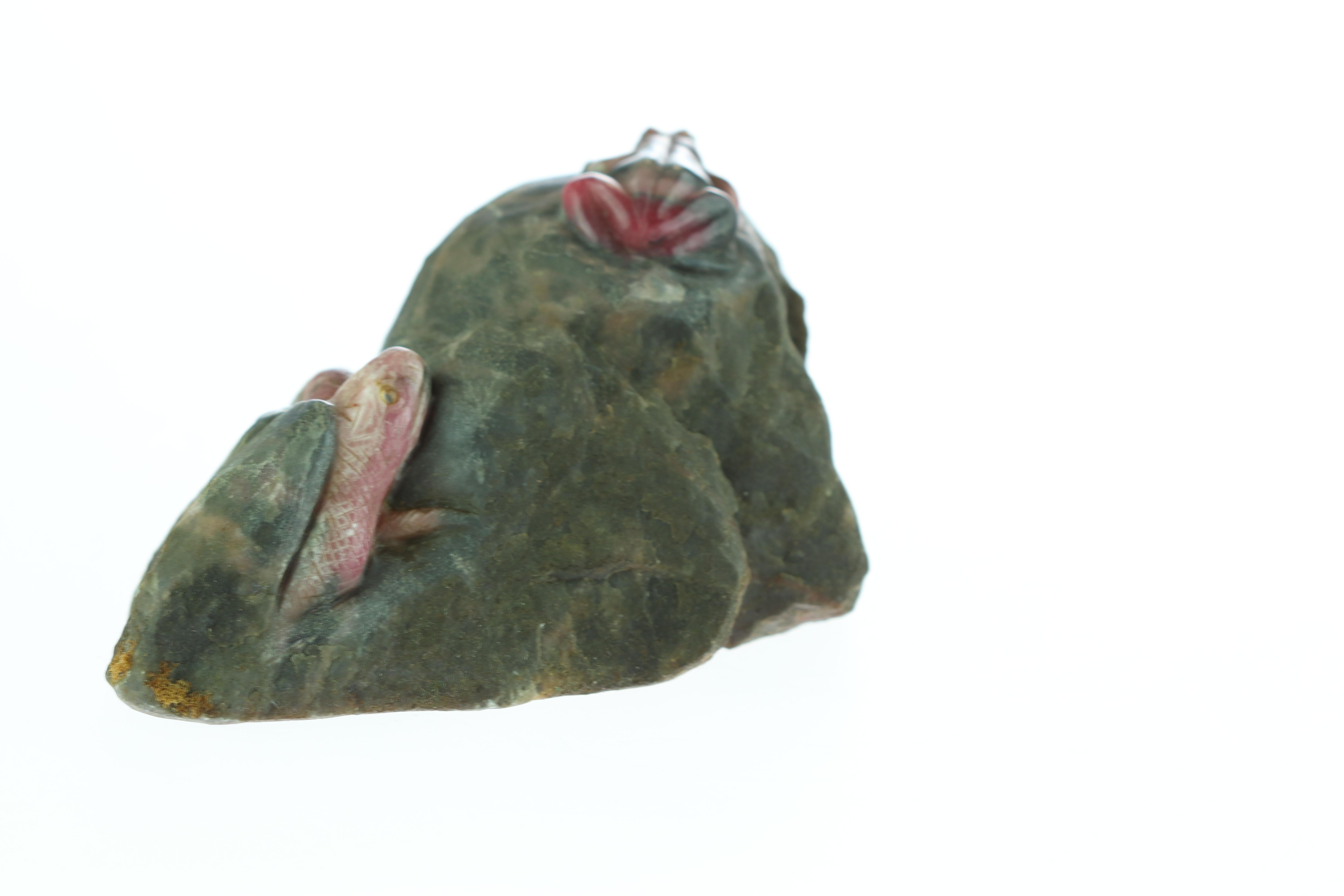 Hand-Carved Rhodochrosite Snake Frog Figurine Carved Animal Artisanal Chinese Sculpture For Sale