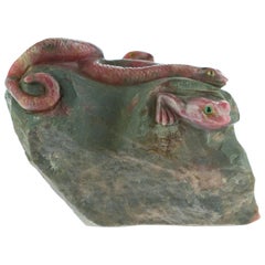 Vintage Rhodochrosite Snake Frog Figurine Carved Animal Artisanal Chinese Sculpture