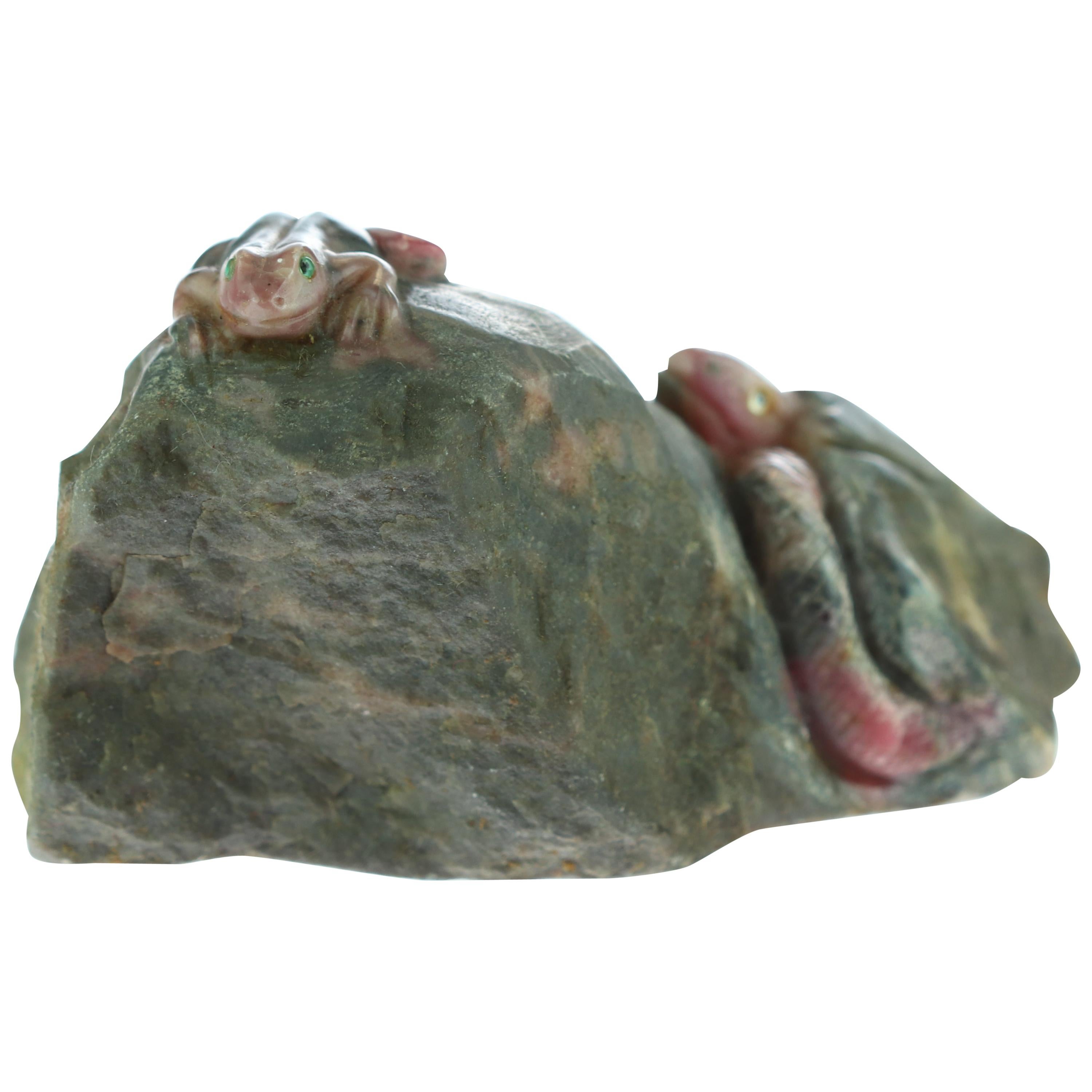 Rhodochrosite Snake Frog Figurine Carved Animal Artisanal Chinese Sculpture For Sale