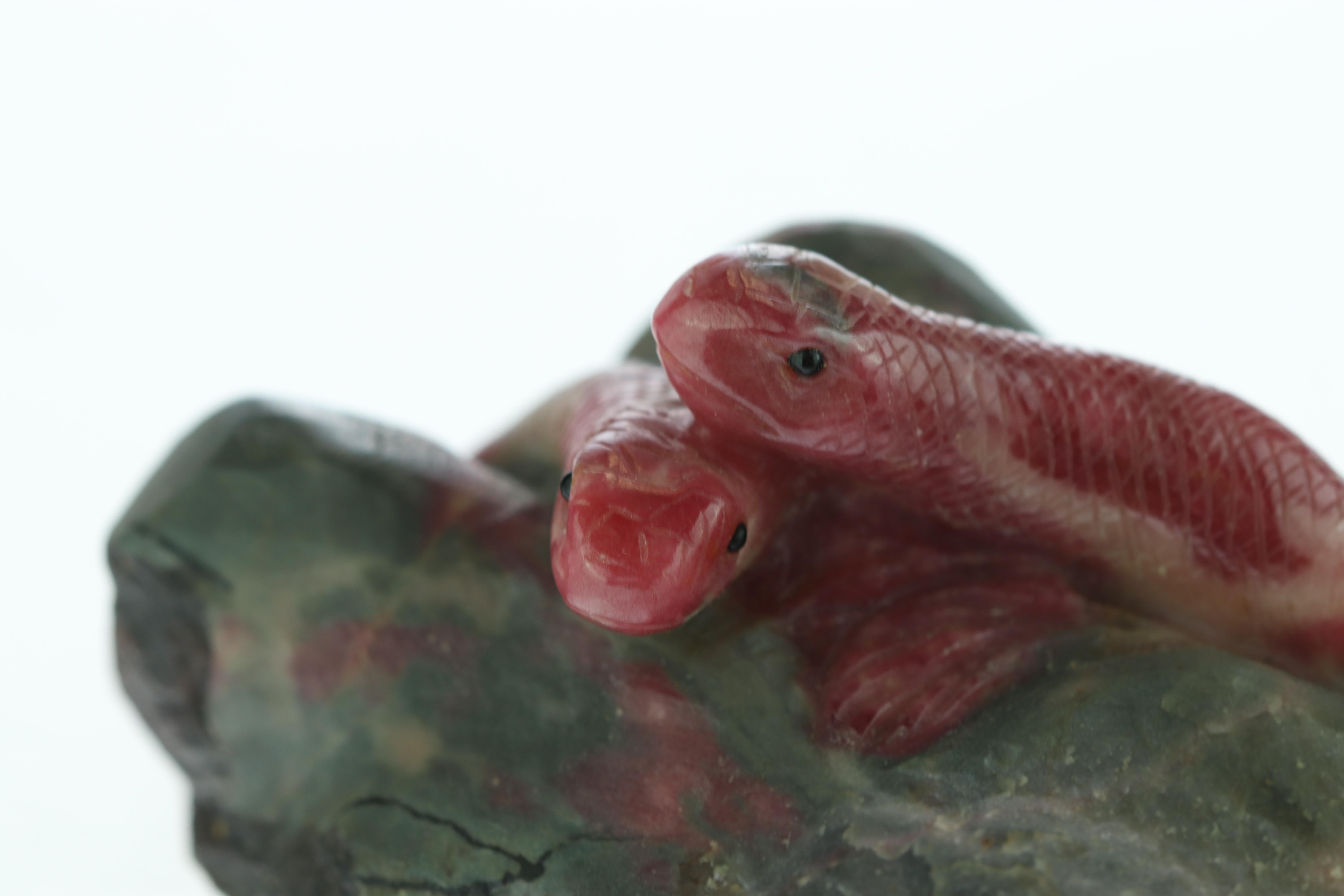 Chinese Export Rhodochrosite Snake Gemstone Carved Animal Handmade Chinese Statue Sculpture For Sale