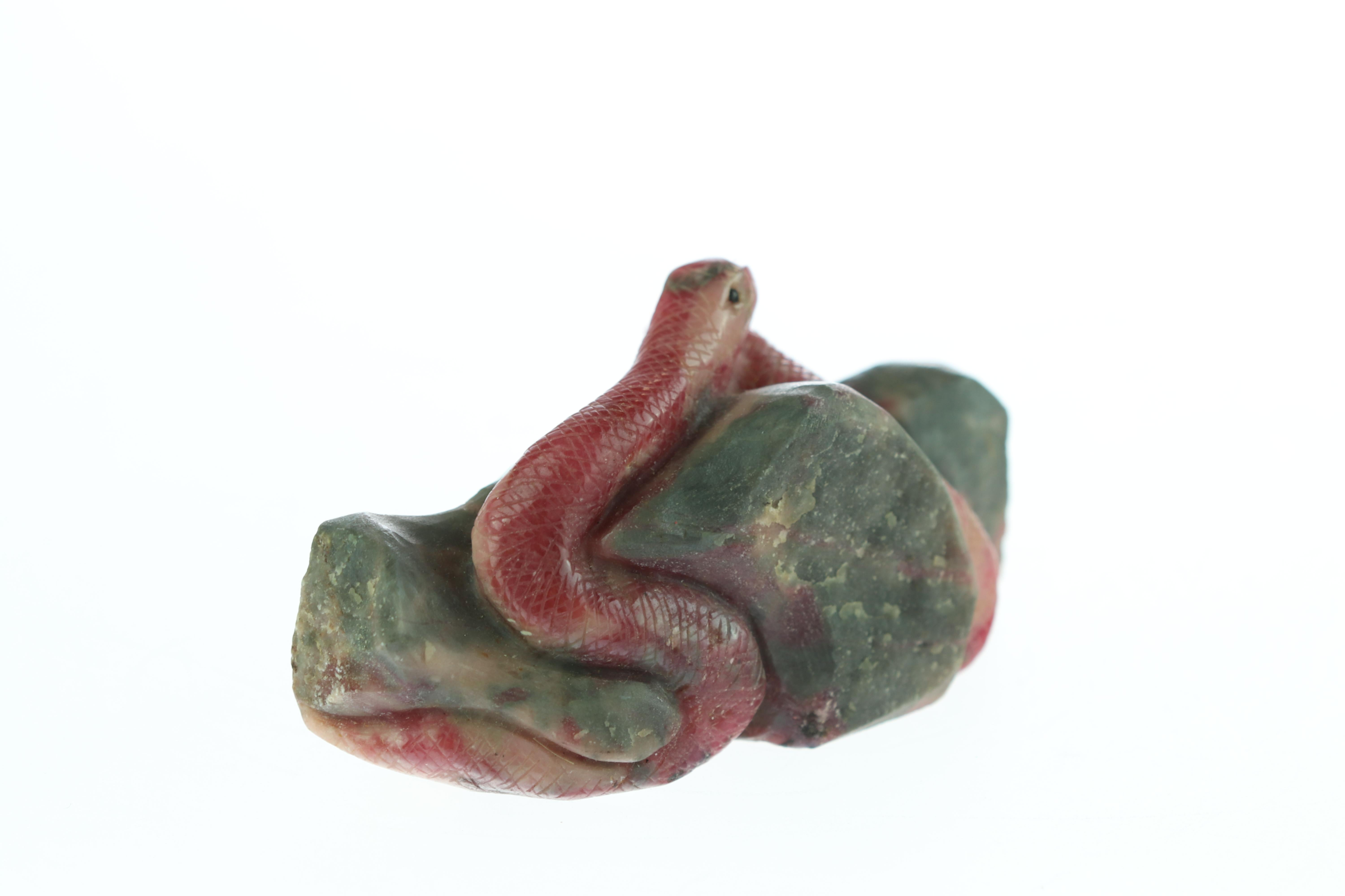 Hand-Carved Rhodochrosite Snake Gemstone Carved Animal Handmade Chinese Statue Sculpture For Sale