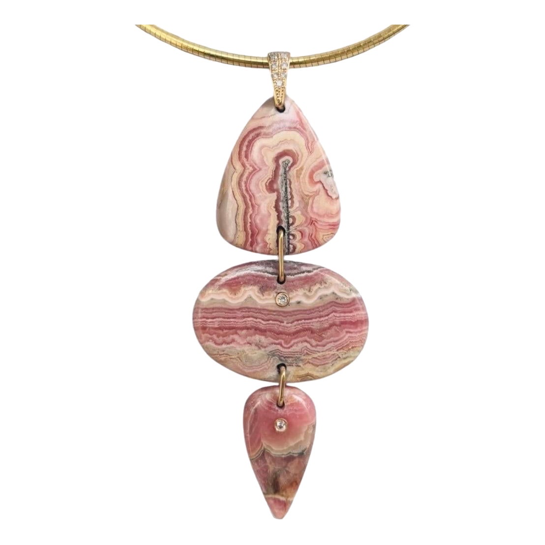 Ciondolo triplo in rodocrosite con diamanti