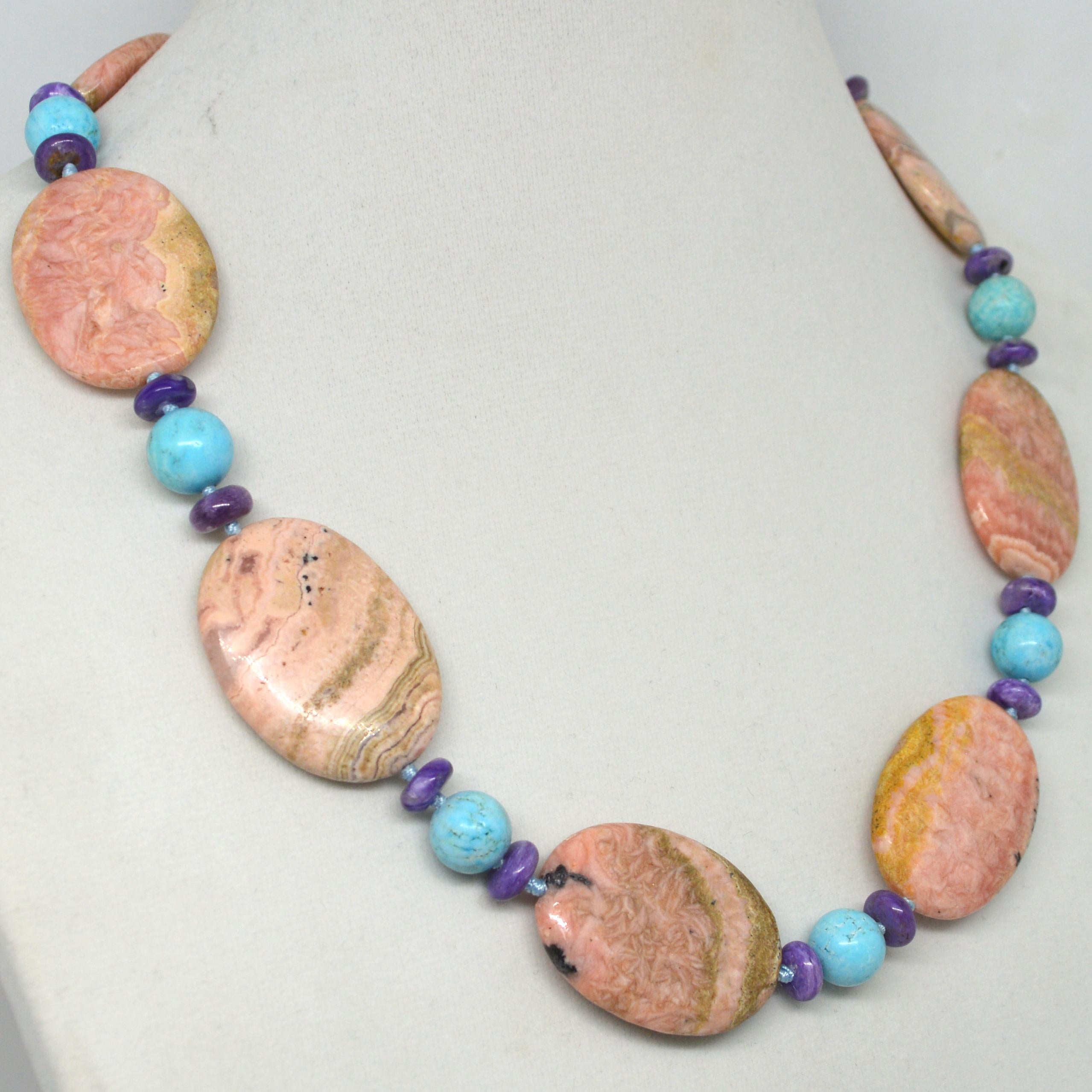 Bead Rhodochrosite Turquoise Charoite Silver Necklace For Sale