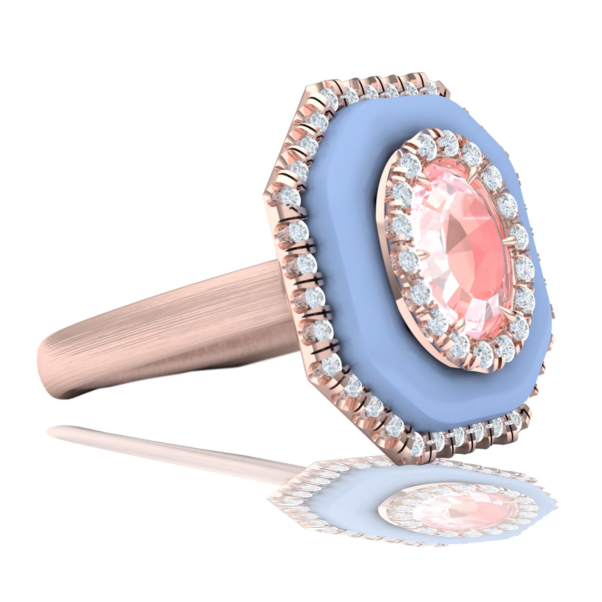 A beautiful display of pastel peach pink and lavender is seen in this custom cocktail ring.  This ring has a .80 carat rare and beautiful Rhodocrosite gemstone, which is extremely rare to find in faceted gemstone quality.  The center stone has a 
