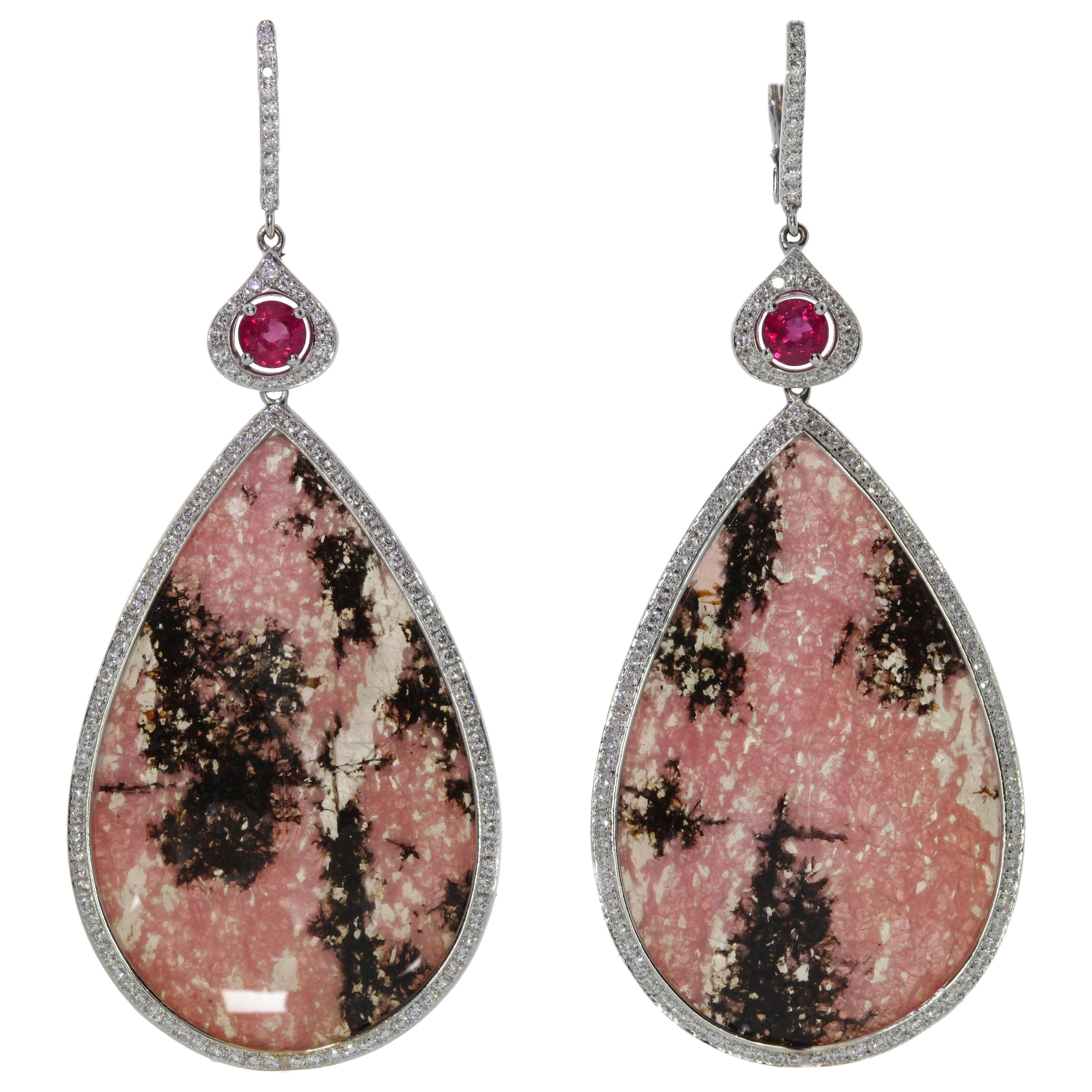 Chatila Rhodocrosite Diamond and Ruby Earrings For Sale