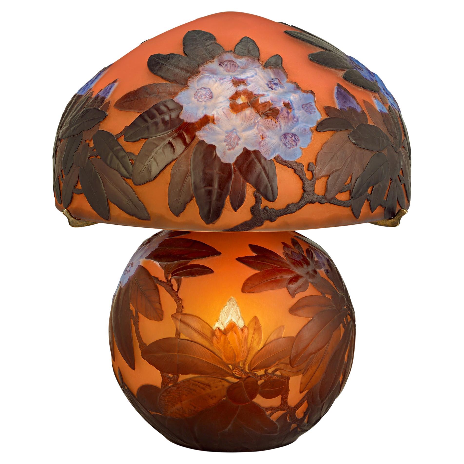 Rhododendron Blown Out Cameo Glass Lamp by Émile Gallé
