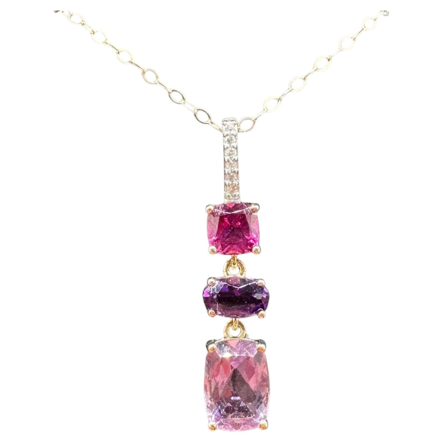 Rhodolite Amethyst Diamond Necklace 10K Yellow Gold 18in