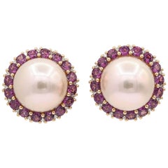 Rhodolite and Cultured Pearl Studs Earrings