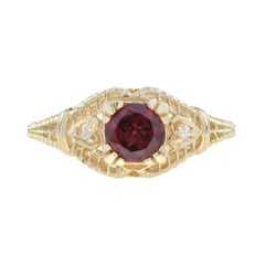 Anello solitario a filigrana con rodolite e diamanti in oro giallo massiccio 14K