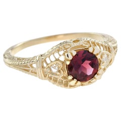 Rhodolite and Diamond Filigree Solitaire Ring in Solid 14K Yellow Gold