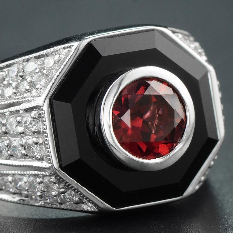 For Sale:  Rhodolite and Octagonal Black Onyx with Diamond Cocktail Ring in 18K White Gold 7