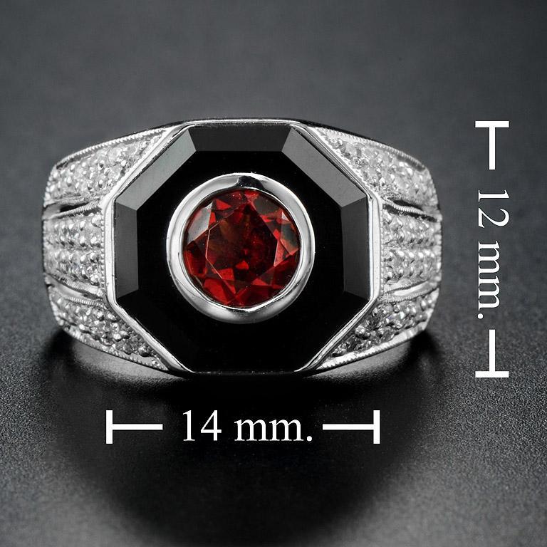 For Sale:  Rhodolite and Octagonal Black Onyx with Diamond Cocktail Ring in 18K White Gold 8