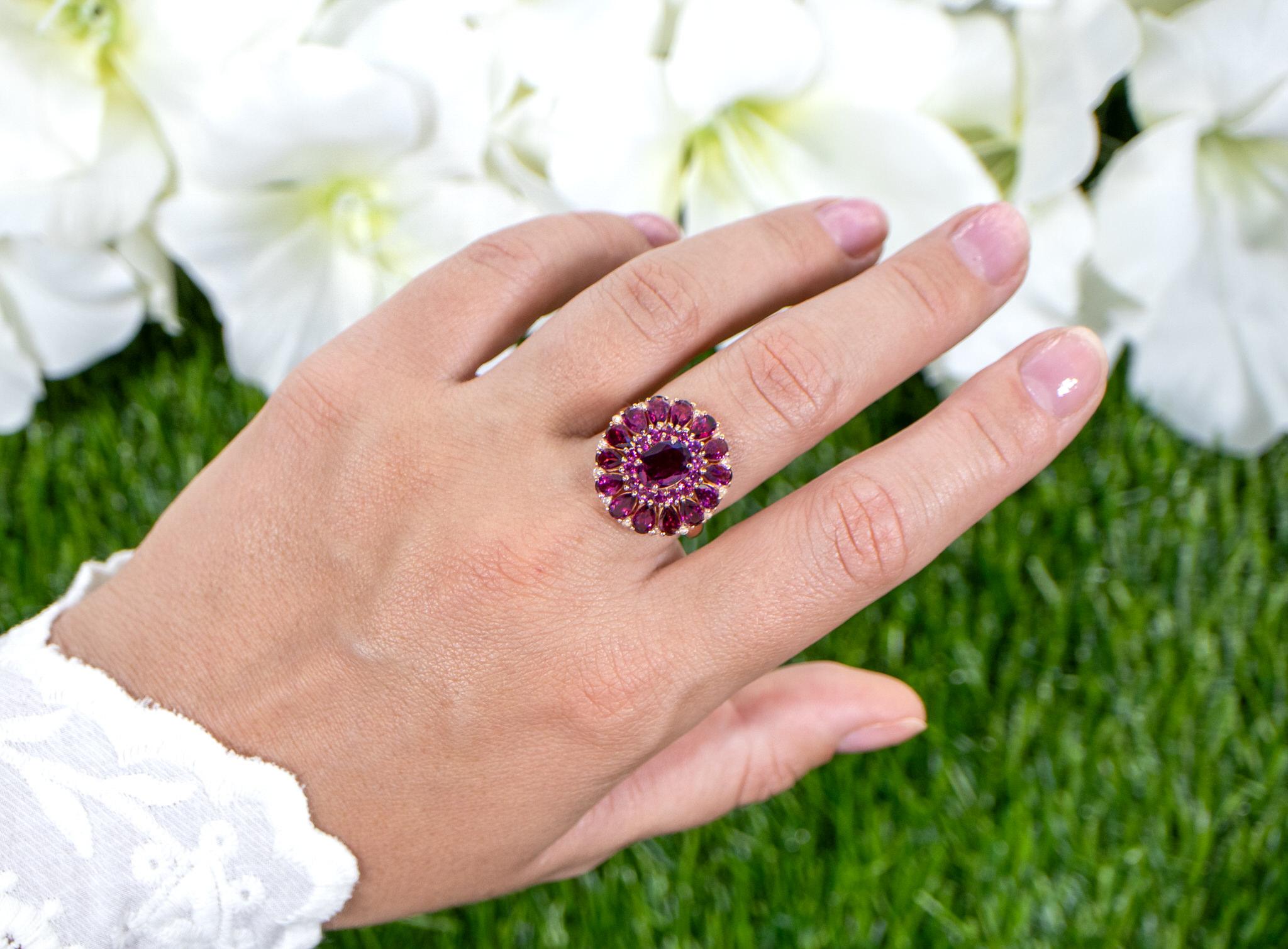 Mixed Cut Rhodolite Cocktail Ring White Topaz 6.29 Carats 14K Rose Gold Plated For Sale