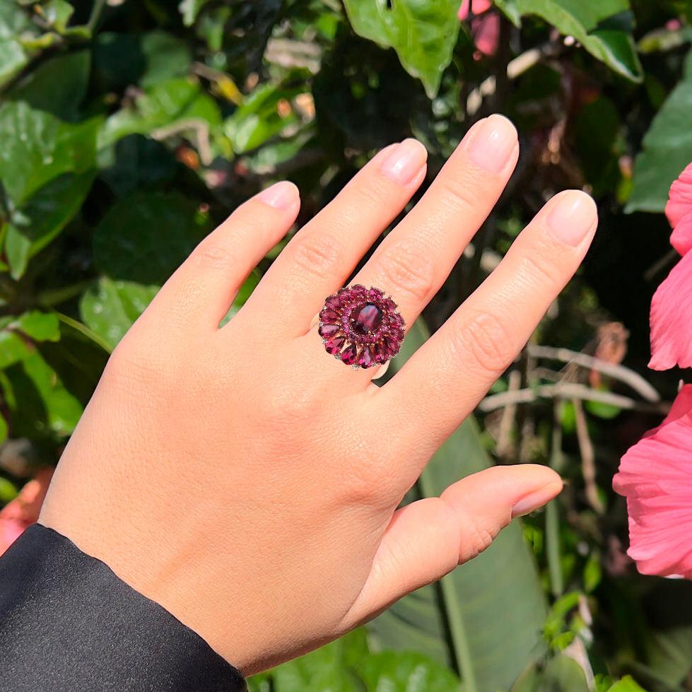 Mixed Cut Rhodolite Cocktail Ring White Topaz 6.29 Carats 14K Rose Gold Plated For Sale