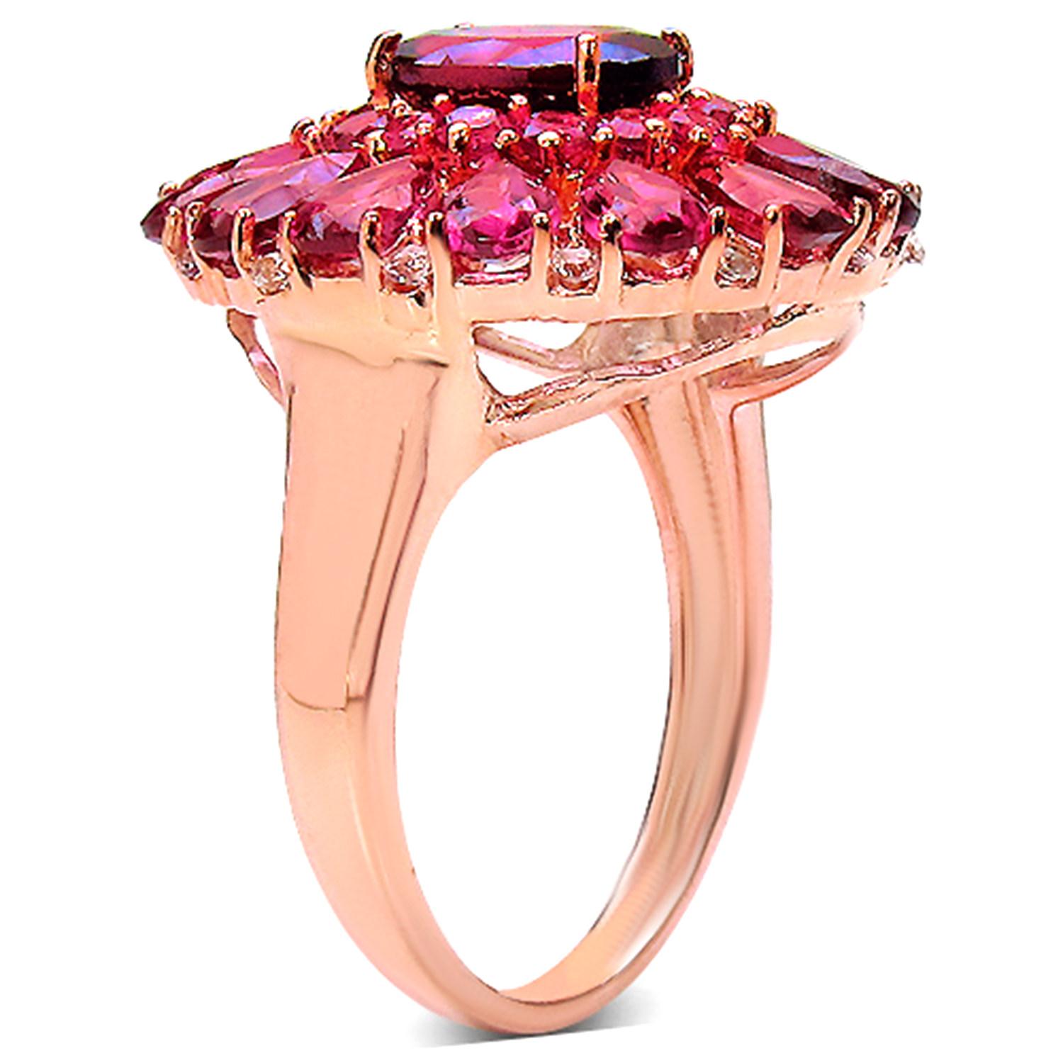Rhodolite Cocktail Ring White Topaz 6.29 Carats 14K Rose Gold Plated In Excellent Condition For Sale In Laguna Niguel, CA
