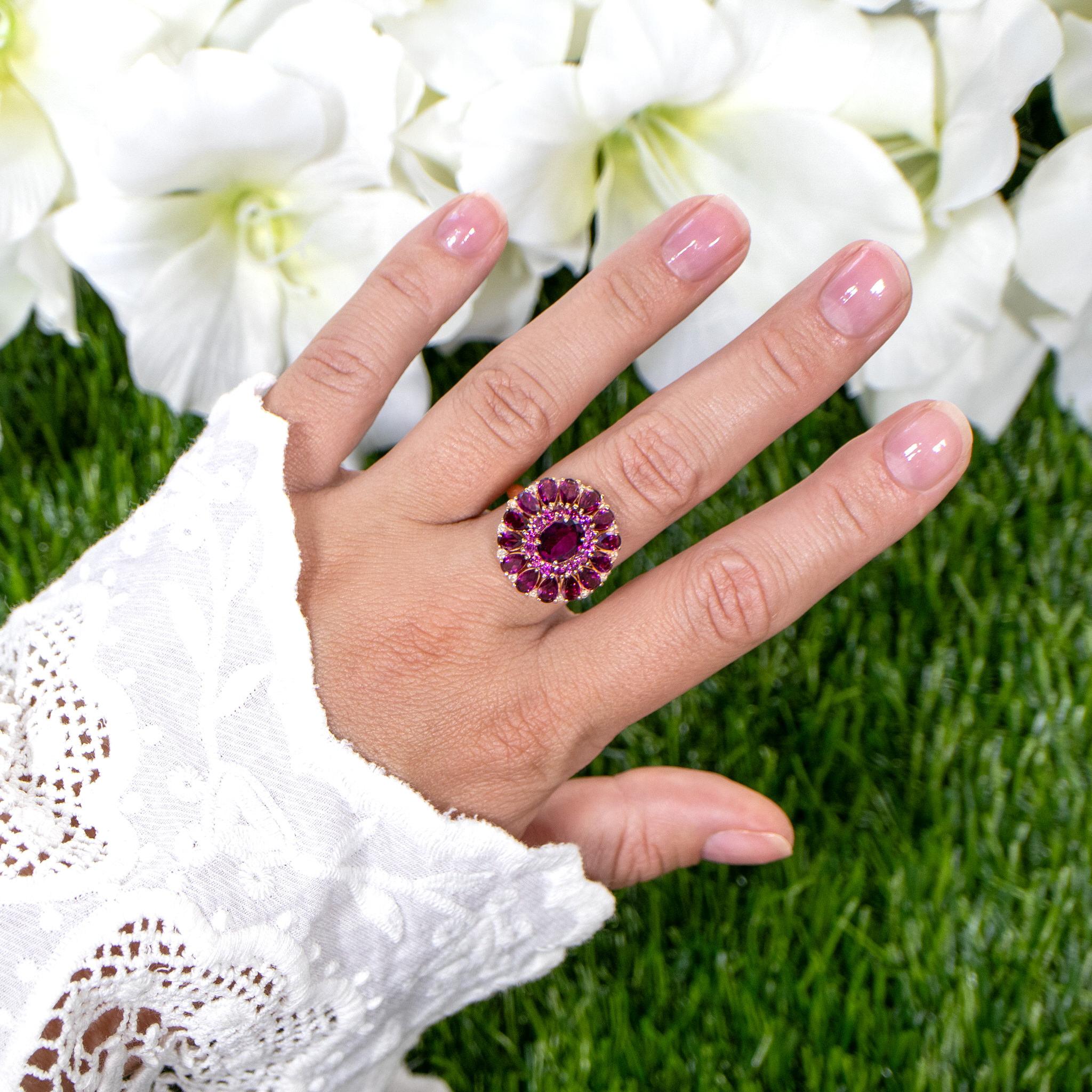 Rhodolite Cocktail Ring White Topaz 6.29 Carats 14K Rose Gold Plated In Excellent Condition For Sale In Laguna Niguel, CA