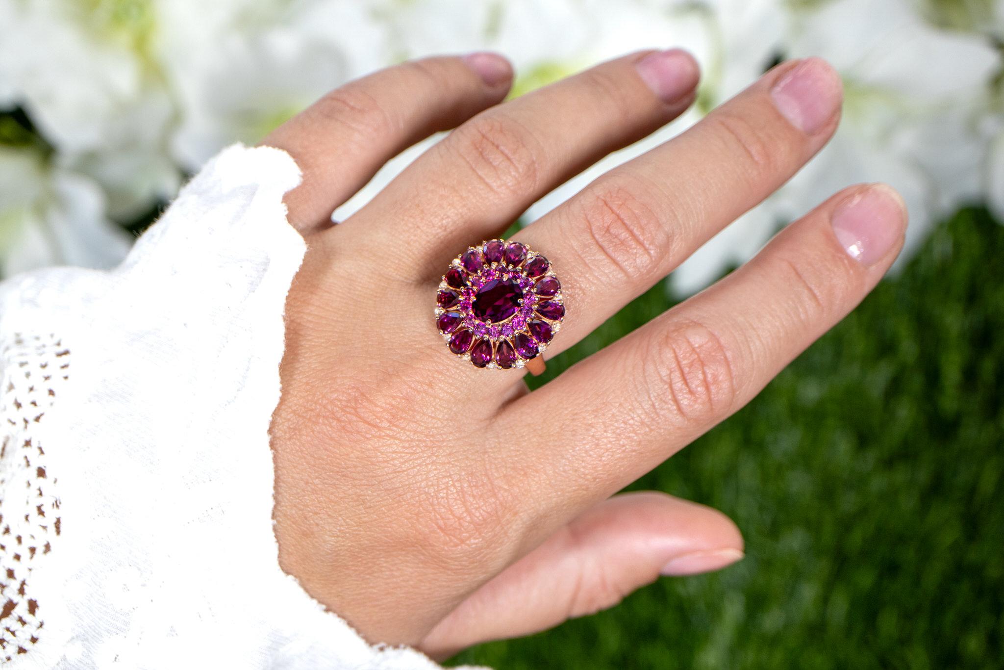 Rhodolite Cocktail Ring White Topaz 6.29 Carats 14K Rose Gold Plated In Excellent Condition For Sale In Laguna Niguel, CA