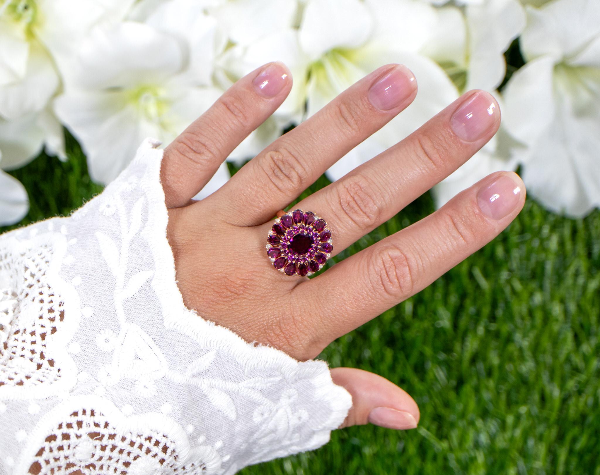 Women's or Men's Rhodolite Cocktail Ring White Topaz 6.29 Carats 14K Rose Gold Plated For Sale