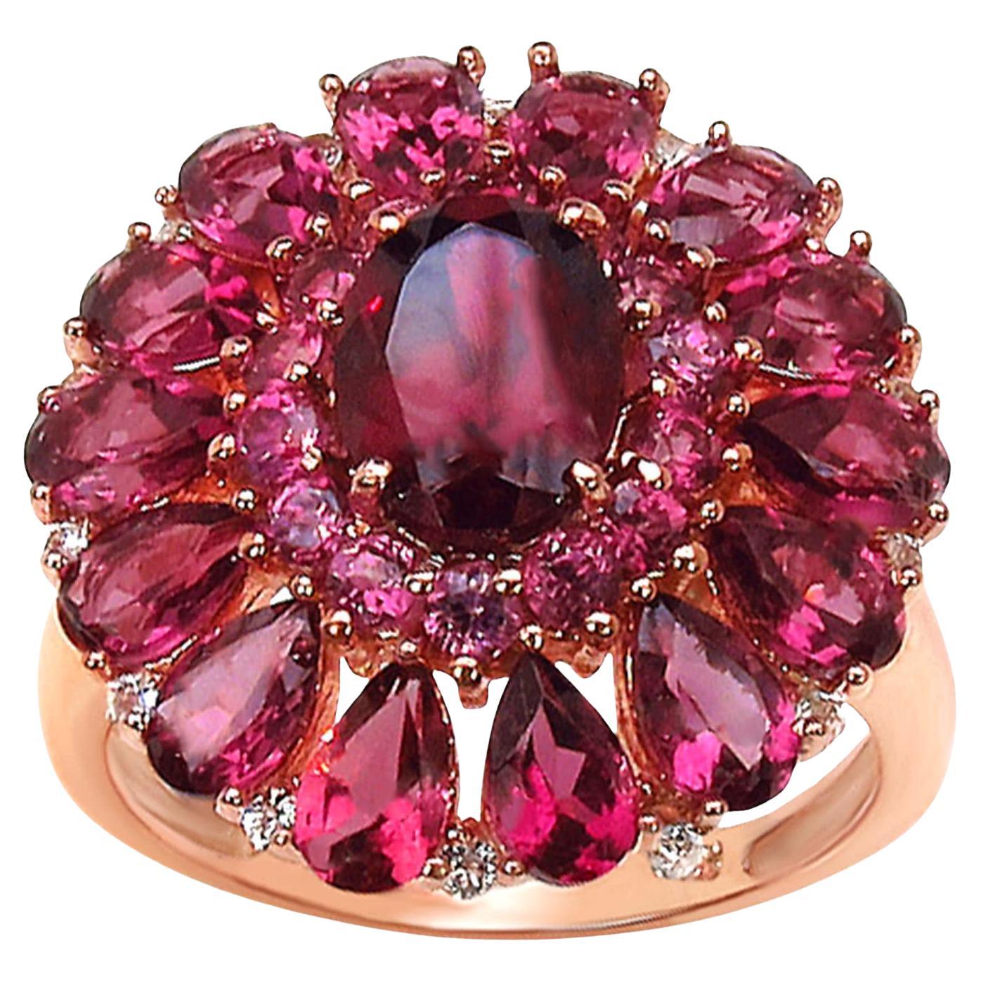 Rhodolite Cocktail Ring White Topaz 6.29 Carats 14K Rose Gold Plated For Sale