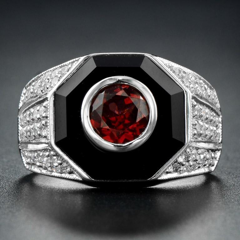 A vibrant red Rhodolite (Round 6 mm. 0.95 ct.) at the center and special size cutting Onyx (1 pc. 3.04 ct.) fit on this Art Deco Ring. On each side twinkle with round Diamonds 60 pcs. 0.6 ct.
This design is glorious and luxurious.  If you like this