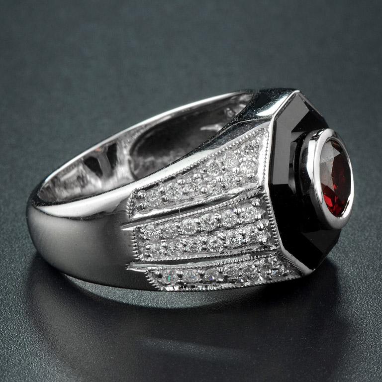 Round Cut Rhodolite Diamond Onyx Cocktail Ring