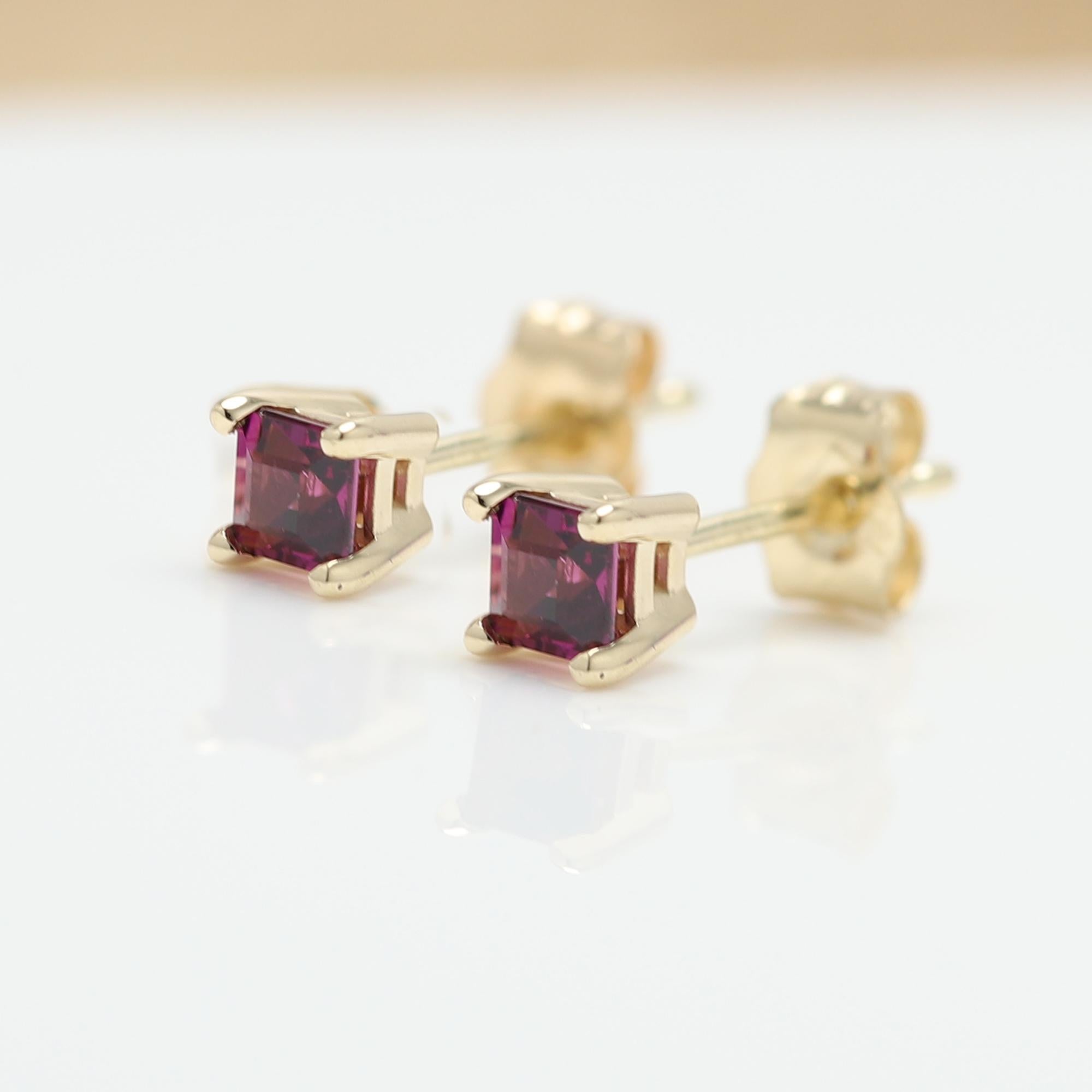 Square Cut Rhodolite Earring Studs Mini Cute Size 14 Karat Yellow Gold, Natural Gems For Sale