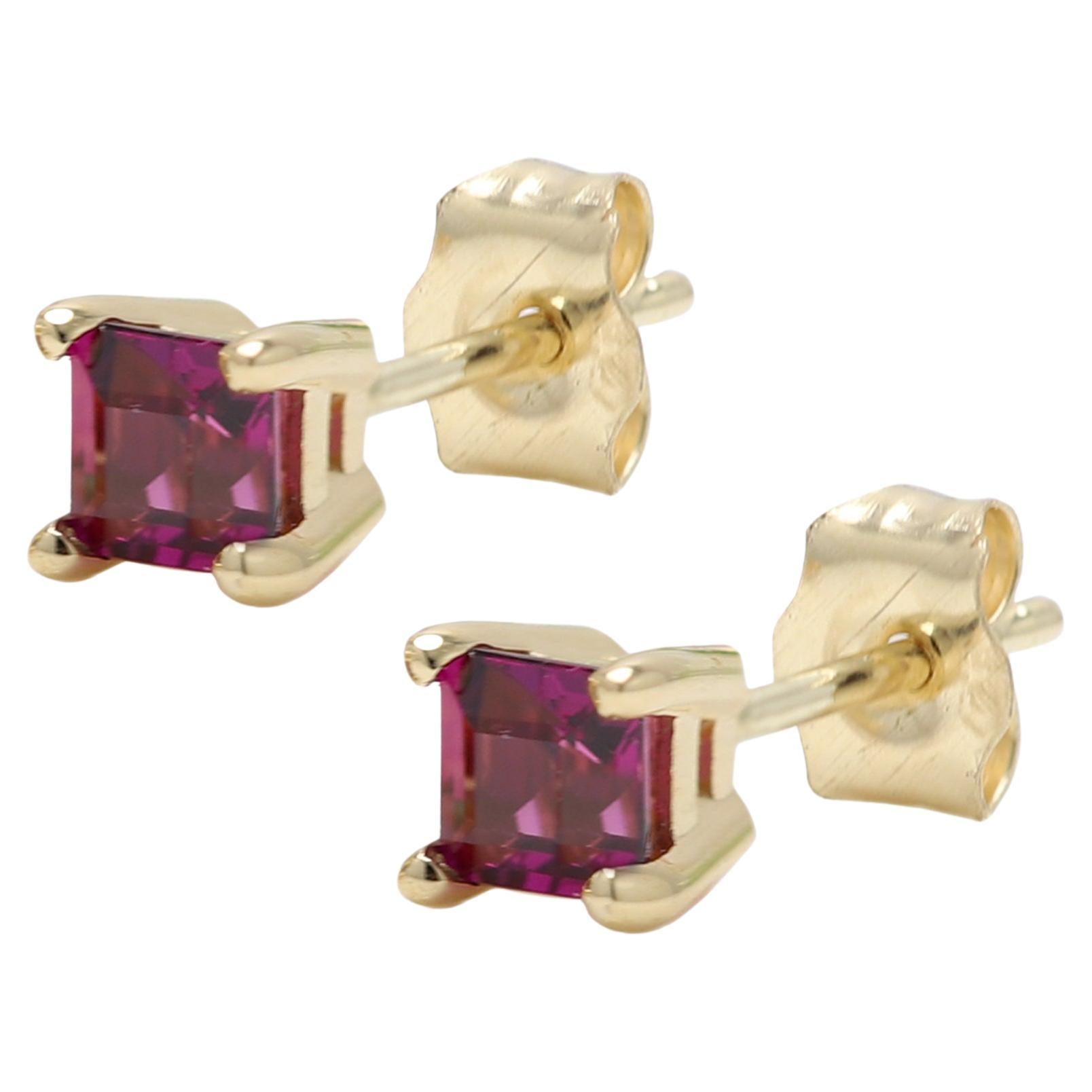 Rhodolite Earring Studs Mini Cute Size 14 Karat Yellow Gold, Natural Gems For Sale