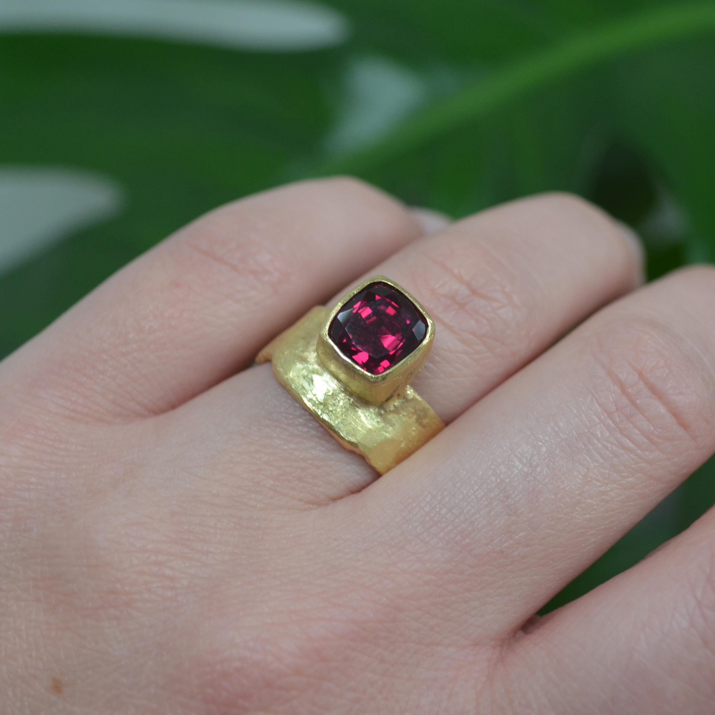 Cushion Cut Rhodolite Garnet 18 Karat Gold Ring Handmade by Disa Allsopp For Sale