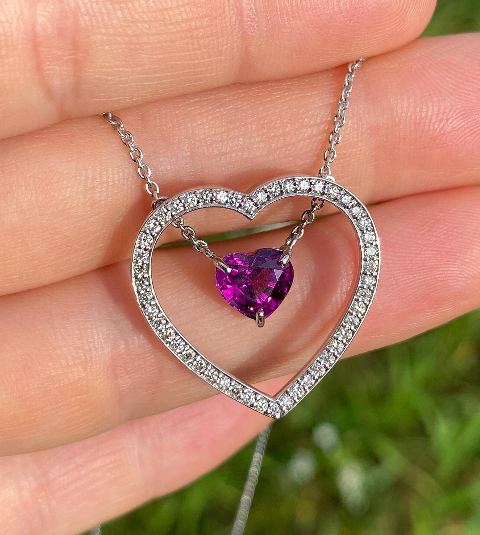 Natural Rhodolite 2.05Ct and Diamonds gemstone
14 Karat White Gold Necklace

Laboratory full certificate for the necklace
Rhodolite have own certificate
Main Stone: Rhodolite Garnet
Main Stone Creation: Natural
Main Stone Color: Red-Purple/