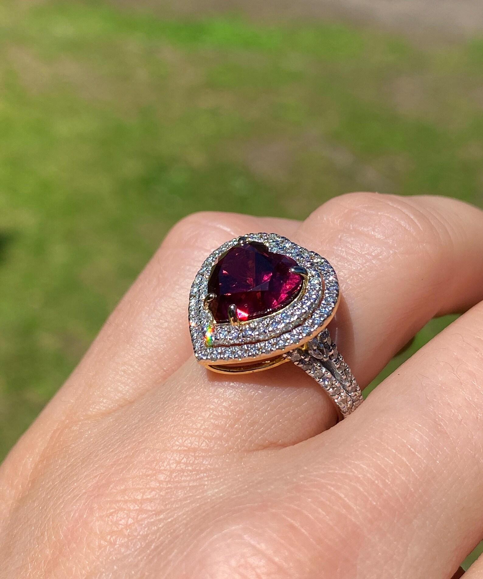 Granate rodolita 5,22 ct y diamantes gema natural Anillo de oro amarillo de 14 K 7US Corte de corazón en venta